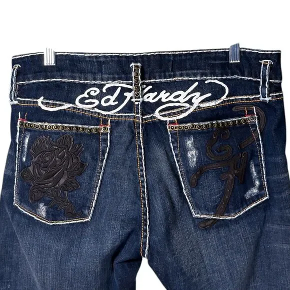 Ed Hardy Christian Audigier Boyfriend Jeans Womens Blue Dark Wash Embellished 30